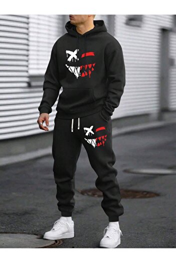 Pink Sky Face Front Printed Hoodie Oversize Gray Sweatshirt with Black Sweatpants Bottom Top Set