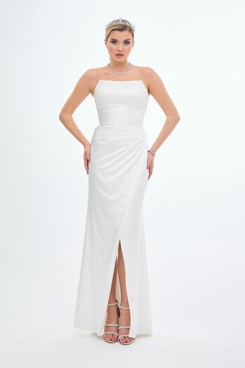 Carmen Ecru Strapless Slit Satin Wedding Dress