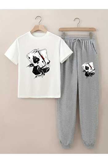 HOFFNUNG Poker Dice Printed T-Shirt - Jogger T-Shirt Crew Neck Bottom Top Tracksuit Set