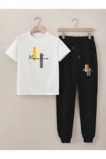 HOFFNUNG Main Time Printed T-Shirt - Jogger T-Shirt Crew Neck Bottom Top Tracksuit Set