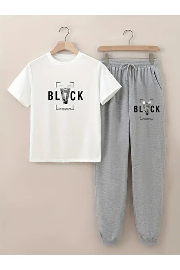 HOFFNUNG Black Printed T-Shirt - Jogger T-Shirt Crew Neck Bottom Top Tracksuit Set
