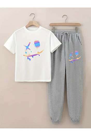 HOFFNUNG Smiling Face Printed T-Shirt - Jogger T-Shirt Crew Neck Bottom Top Tracksuit Set