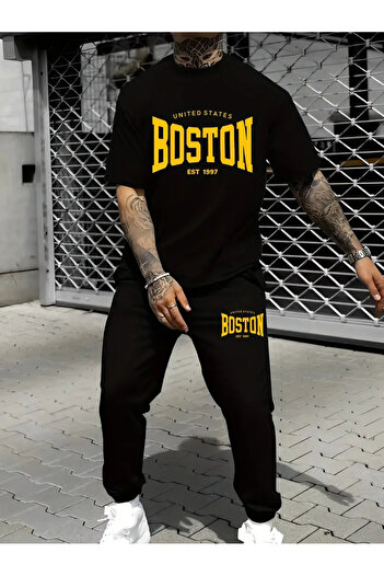 HOFFNUNG Boston Printed T-Shirt - Jogger T-Shirt Crew Neck Bottom Top Tracksuit Set