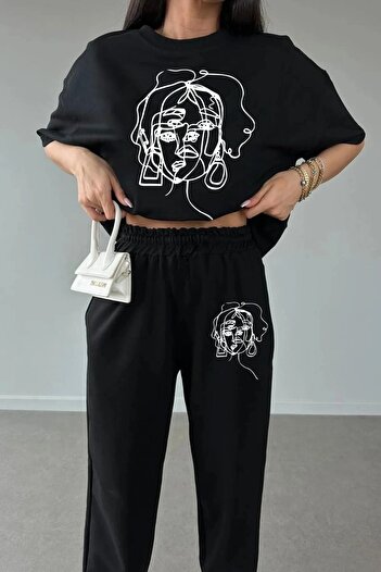 HOFFNUNG Aesthetic Women's Drawing Printed Sweatpants and T-shirt Bottom Top Tracksuit Set