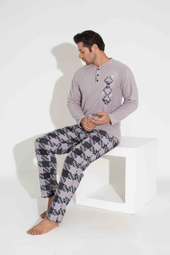 MİRELLA Men's Plaid and Square Patterned Long Sleeve Fleece Fabric Winter Warm Pajama Set