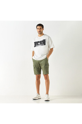 ECKO Unltd Solid Relaxed Fit Cargo Shorts with Button Closure