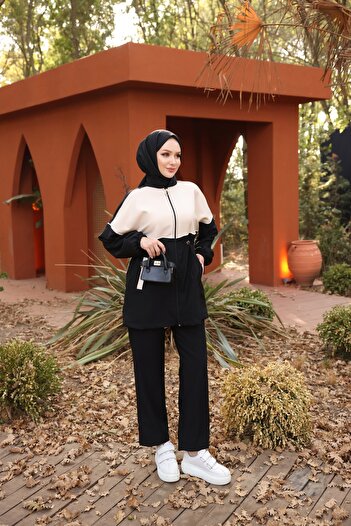 Ryzi Moda Hijab Φούτερ με φερμουάρ Διπλό Σετ - Διπλό Crep Ύφασμα
