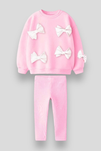 Magu Girl's Pink Bow Cotton Sweatshirt Tights Top and Bottom Set