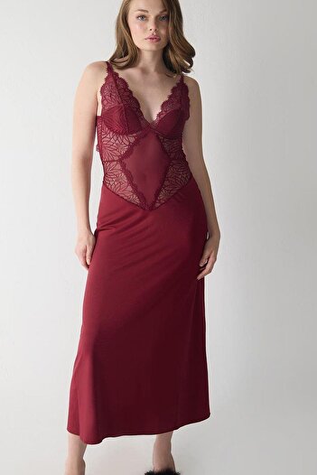 Magic Form 74124 Women's Strappy Ruched Jersey Long Nightgown-Burgundy