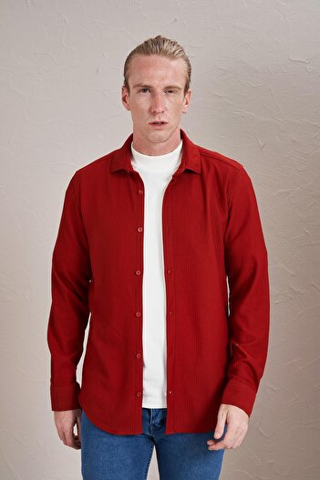 TENA Men's Red Long Sleeve Ottoman Pocketless Slim Fit Shirt