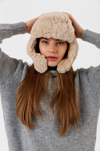 MARBERRY Plush Beige Pilot Hat Beret with Clip