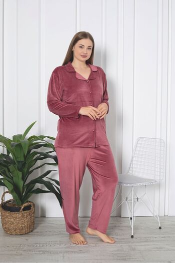Asel Plus Size Buttoned Velvet Pajama Set