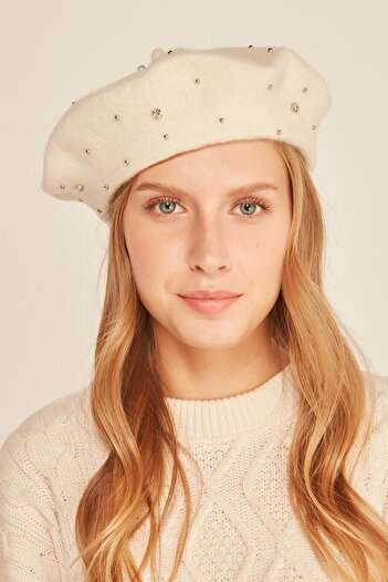 MARBERRY Ecru Painter Beret with Wool and Stones on It