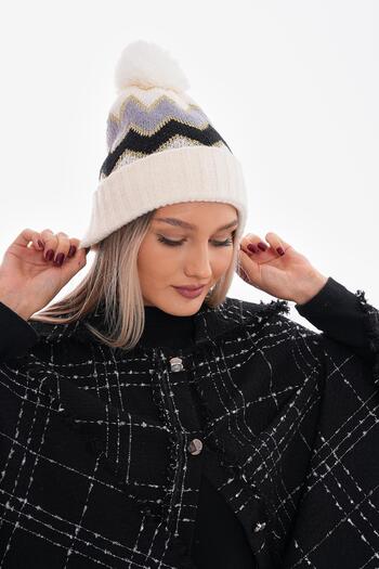 MARBERRY Pompom Zigzag Patterned Ecru Women's Beret