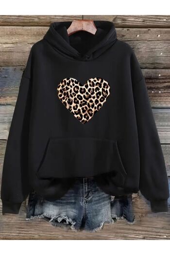 caddekombin Leopard Print Hooded Pocket 2 Thread Raster Wool Inside Soft Sweatshirt