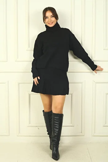 By Saygı Women's High-Rise Long Sleeve Sweater Elastic Waist Short Skirt 2-Piece Knitwear Set