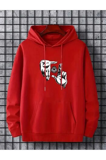 caddekombin Eye Patterned Hooded Pocket Ribbed 2 Thread Sweatshirt