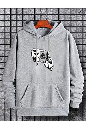 caddekombin World Patterned Hooded Pocketed Legend Pattern 2 Thread Ribbed Sweatshirt