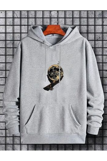 caddekombin World Patterned Hooded Pocketed Legend Pattern 2 Thread Ribbed Sweatshirt