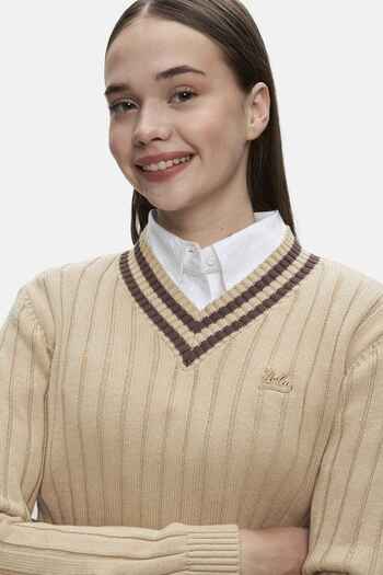 UCLA Pinellas Dark Beige V-Neck Jacquard Standard Fit Women's Knitwear