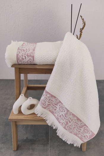 Sevim 2-Piece Hand/Face Towels with Embossed Border & Tassels - 100% Cotton - 50 X 85 cm - Rose Color