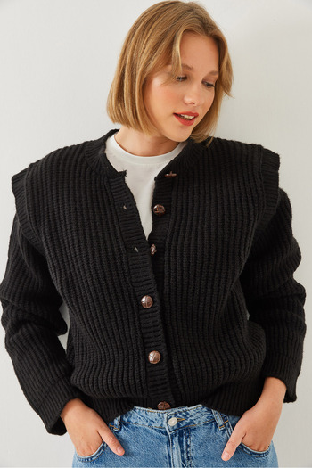 Bianco Lucci Women's Buttoned Knitted Cardigan with Fragmented Sleeves 241066 60251932