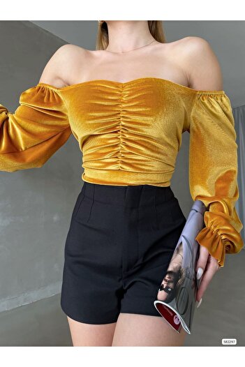 Trendusfashion Βελούδινη υφασμάτινη μπλούζα με λεπτομέρεια ώμου