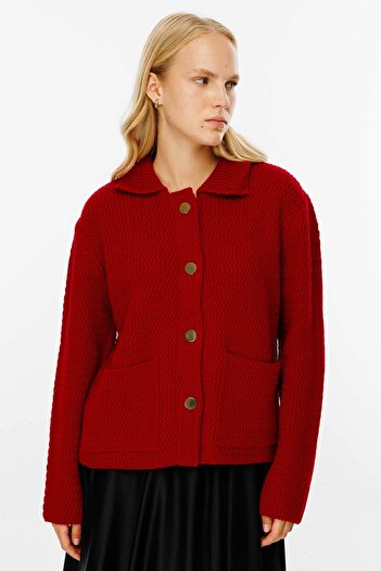 Hooopstore Shirt Collar Buttoned Red Cardigan