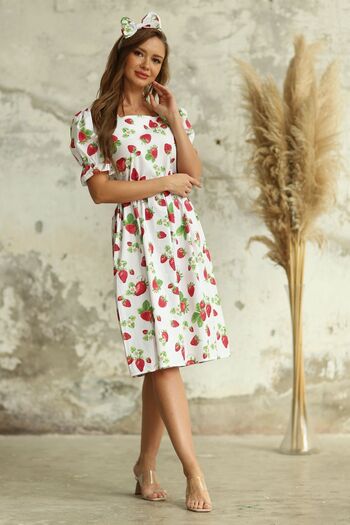 KÜÇÜĞÜM BUTİK Gathered Waist Strawberry Patterned Dress