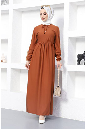 sefamerve Tan 0575-11 Model Gathered Waist Dress