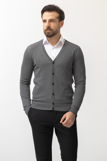 Mcr Plain Slim Fit Buttoned Knitwear Men's Cardigan Anthracite - 11228.22Y