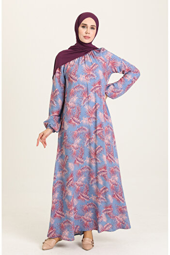 sefamerve Indigo Viscose Dress - Gathered Sleeve and Collar, Model 3357-04