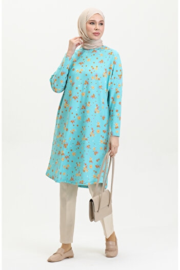 sefamerve Mint Blue Floral Patterned Comfortable Crepe Tunic - 8717-01