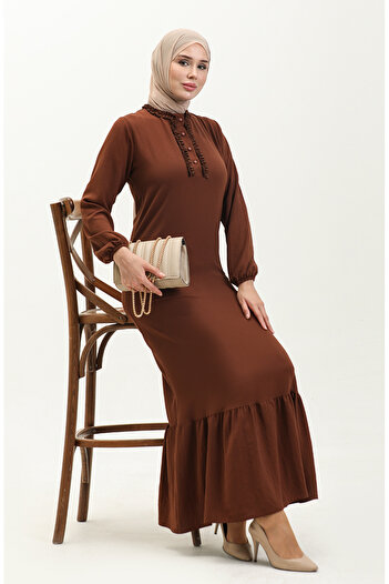 sefamerve Brown Dress with Aerobin Fabric and Ruffles 1006-02