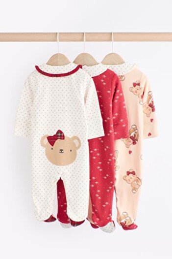 Next Baby 100% Cotton White Red Teddy Bear Print 3-Piece Jumpsuit Set