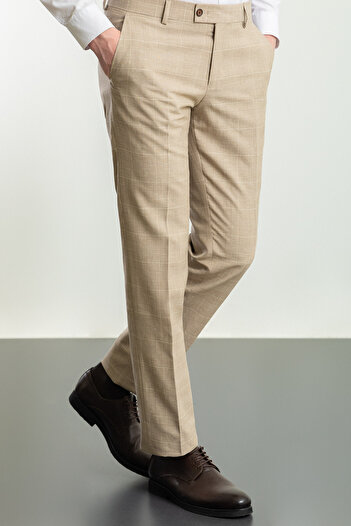 Mcr Plaid Slim Fit Classic Men's Trousers Beige - 38171.23Y