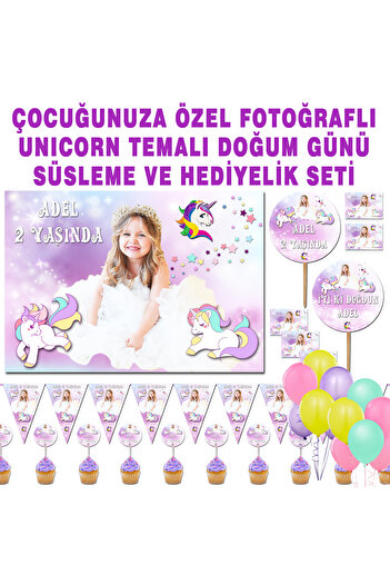 Sunligo Unicorn Temalı Fotoğraflı Doğum Günü Seti Afiş Magnet Flama Konuşma Balon İkram Kürdanı Balon