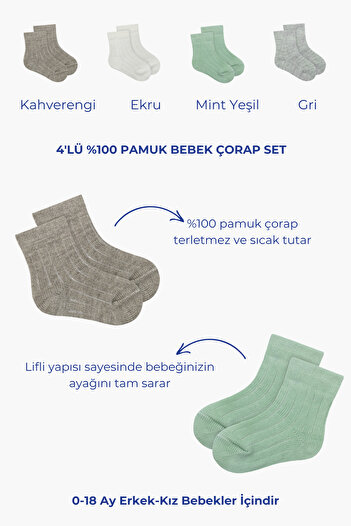 Little Jom Baby Socks Set of 4, 100% Cotton Baby Socks 0-18 Months