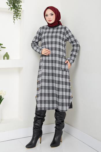ModaMerve Gray Plaid Tunic - Accessory Buttoned, Model 2004Brz981-M