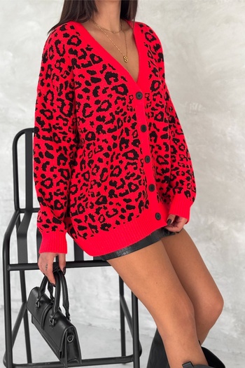 FEMELLE Kadın Kırmızı Standart Beden Leopar Desen Oversize Triko Hırka