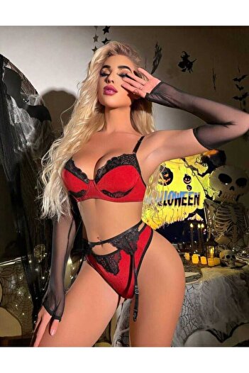 SiaLess Lingerie 5 Pcs Red-Black Color Lace Detail Custom Fancy Garter Set
