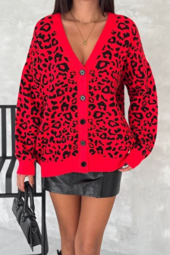 FEMELLE Women's Red Standard Size Leopard Pattern Oversize Knitwear Cardigan