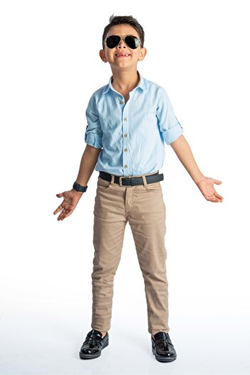 Mnk Baby&Kids Stylish Shirt Gabardine Trousers Boy Set Mnk0422 Blue - Beige