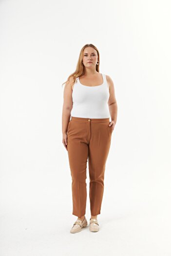 RMG Camel Large Size Fabric Trousers - Elastic Waist and Slit Detail