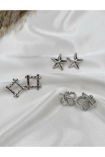 Eylülün Takısı Women's Silver Color 3 Pairs Star-Square-Knot Earrings Set