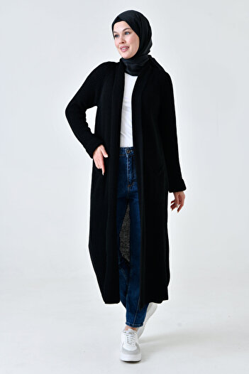 lovebox Black Knitwear Hijab Clothing Cardigan - Double Pocket, Shawl Collar, Long - 5001