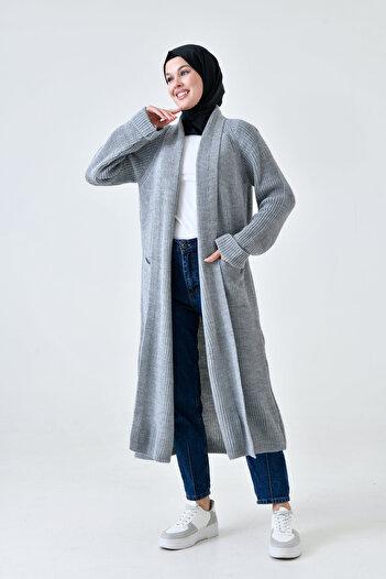 lovebox Gray Knitwear Hijab Clothing Cardigan - Double Pocket, Shawl Collar, Long Hijab 5001