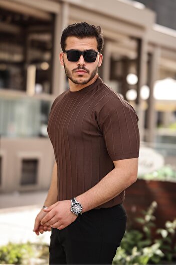 Miron Crew Neck Brown Knitwear T-Shirt - Embossed, Short Sleeve - 2430