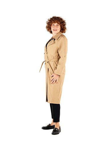 Portakal Esintisi Long Draped Sleeve Folded Double Breasted Women's Trench Coat