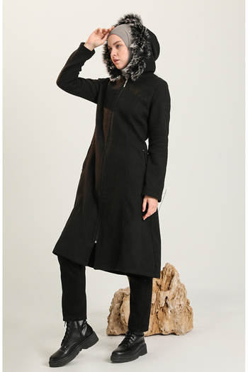 sefamerve Black Furry Stamp Coat - 612980 -01